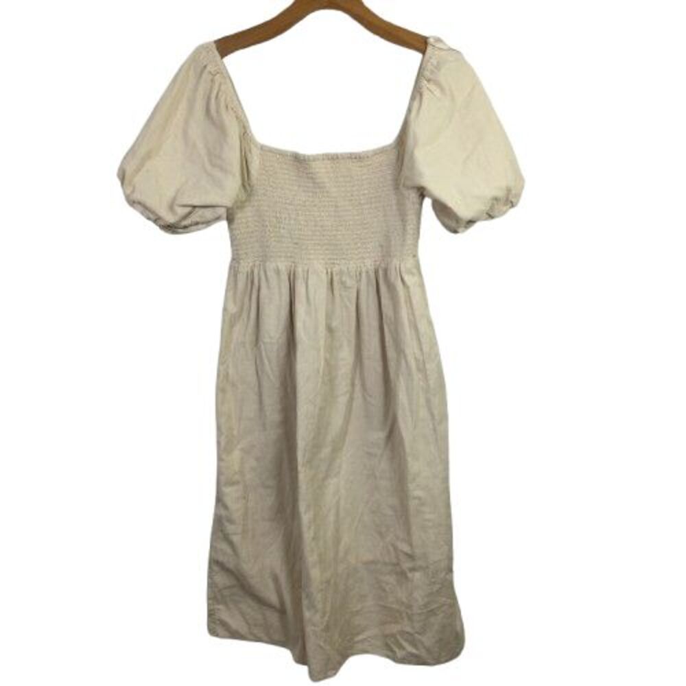 7 For All Mankind Womens Smocked Puff-Sleeve Midi Dress Square-Neck Ivory Size L